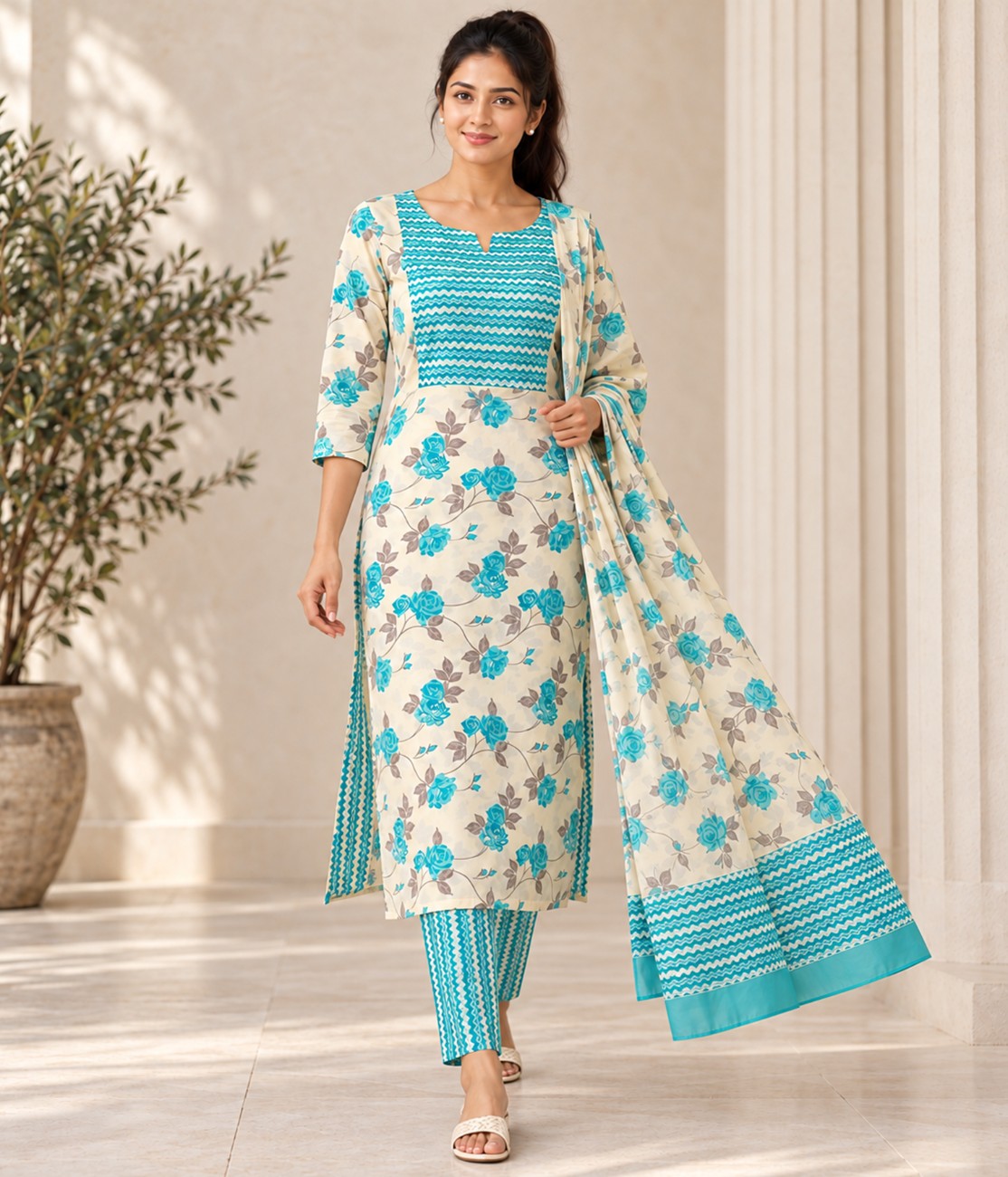 Floral Printed Kurti Set - 3Pcs