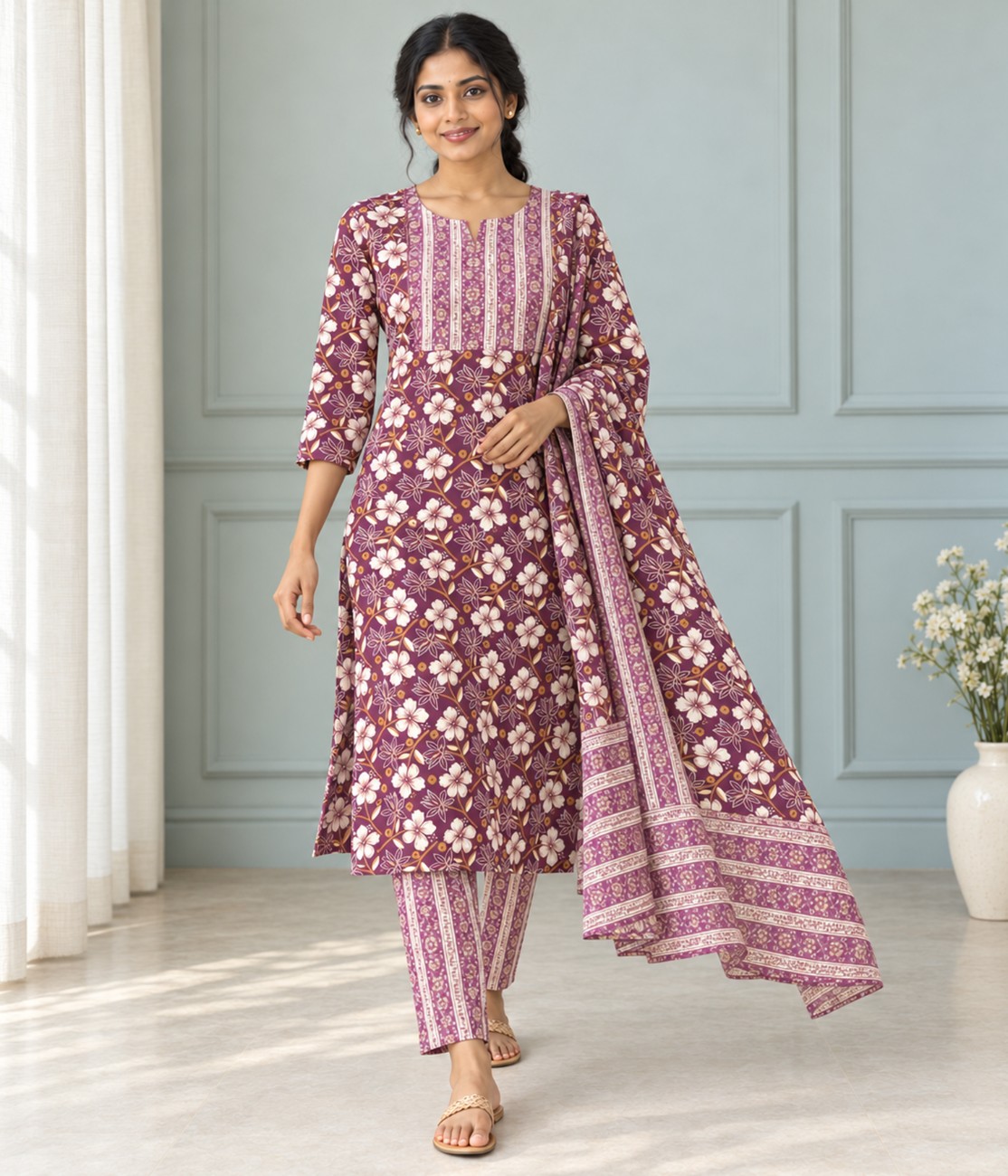 Floral Printed Kurti Set - 3Pcs